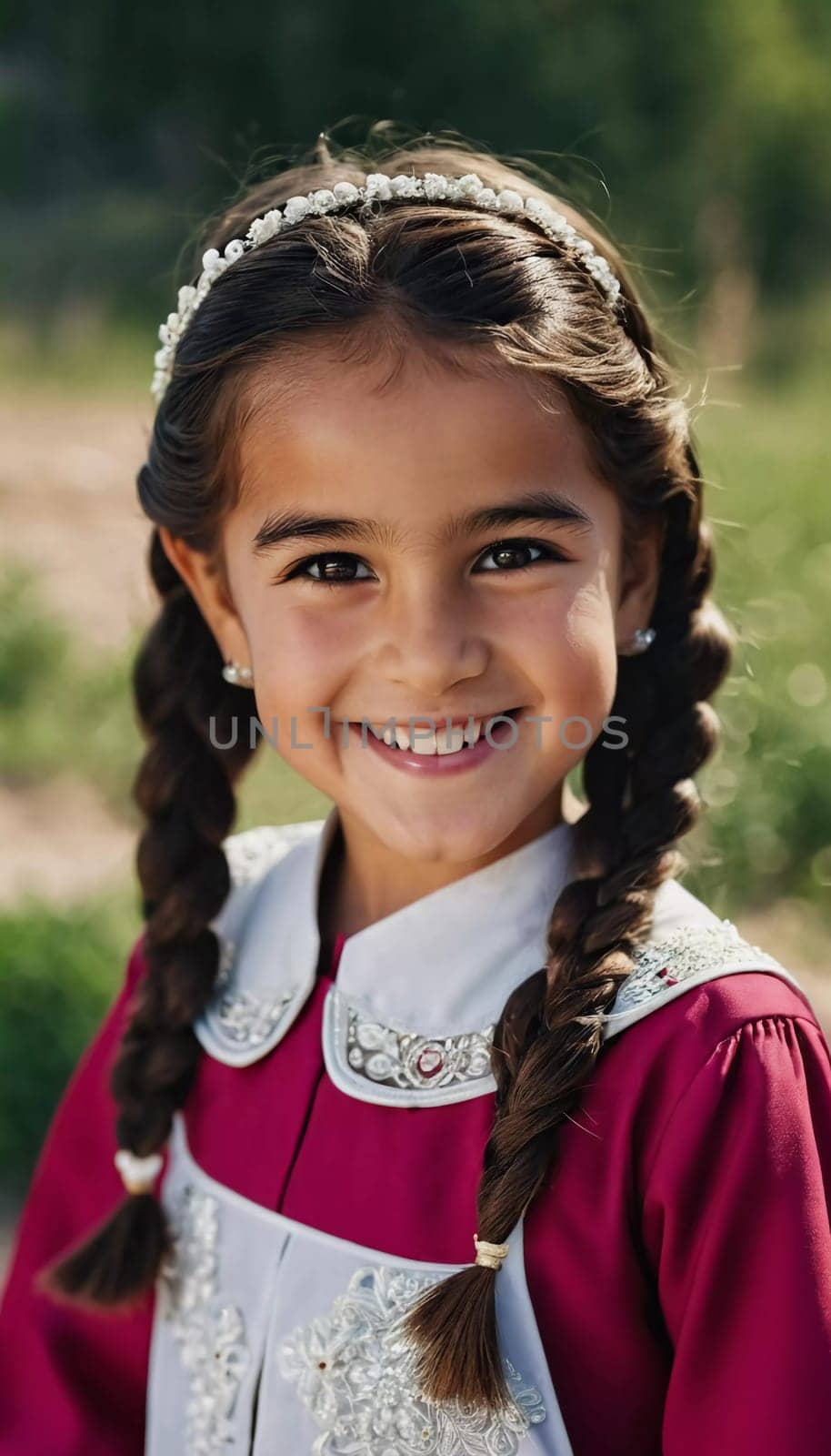 A young smiling girl 5 years old of Tajik nationality stands outdoors, dressed in traditional attire. AI generated