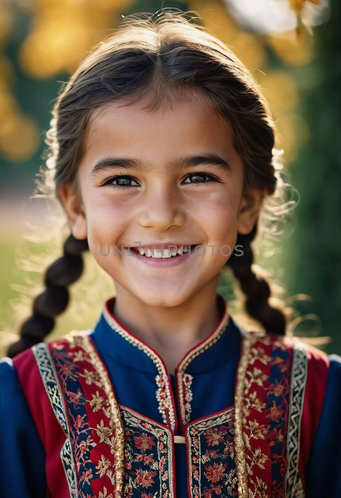 A young smiling girl 5 years old of Tajik nationality stands outdoors, dressed in traditional attire. AI generated