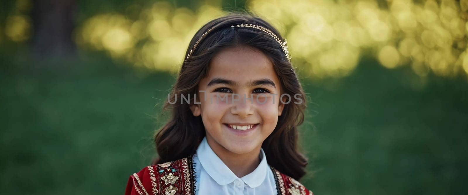 A young smiling girl 5 years old of Tajik nationality stands outdoors, dressed in traditional attire. AI generated