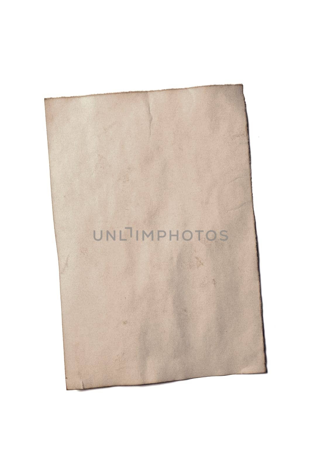 Old blank piece of antique vintage crumbling paper manuscript or parchment vertically oriented isolated on white