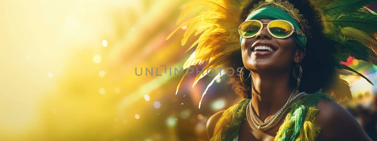 Mardi gras background with Brasil carnival bright dressed woman and copy space. AI Generated content