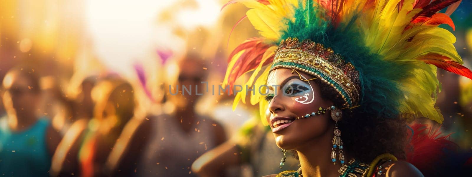 Mardi gras background with Brasil carnival bright dressed woman and copy space. AI Generated content