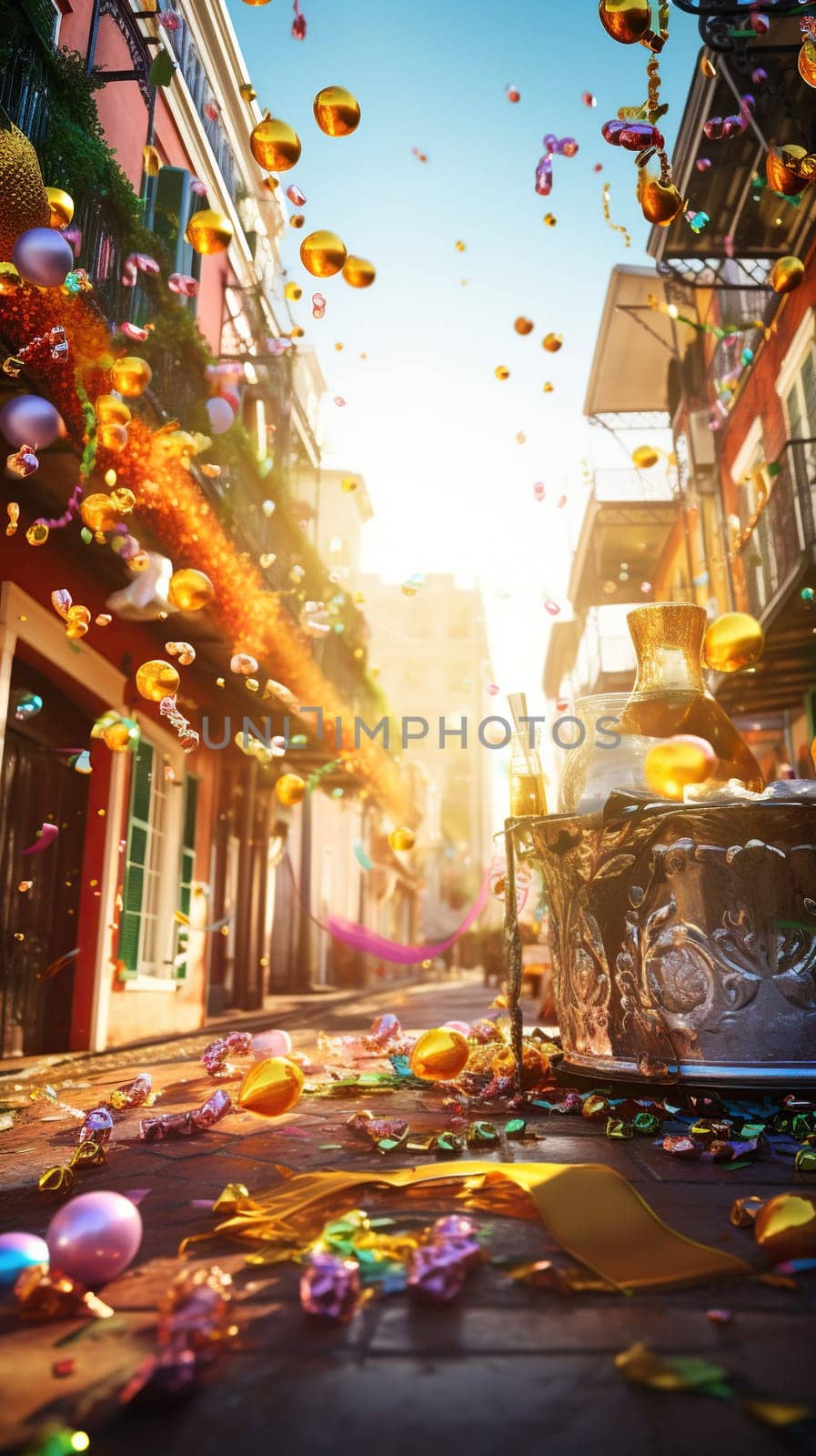 Confetti and Mardi Gras carnival decorations city street festival background. AI Generated content