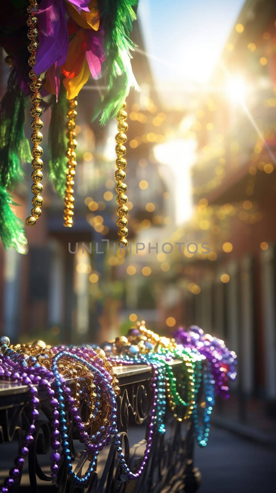 Confetti and Mardi Gras carnival decorations city street festival background. AI Generated content