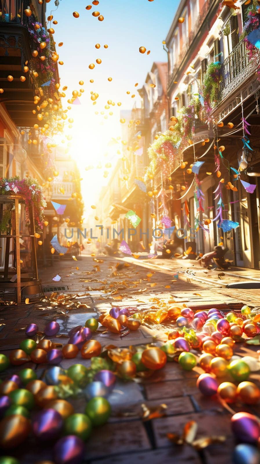 Confetti and Mardi Gras carnival decorations city street festival background. AI Generated content