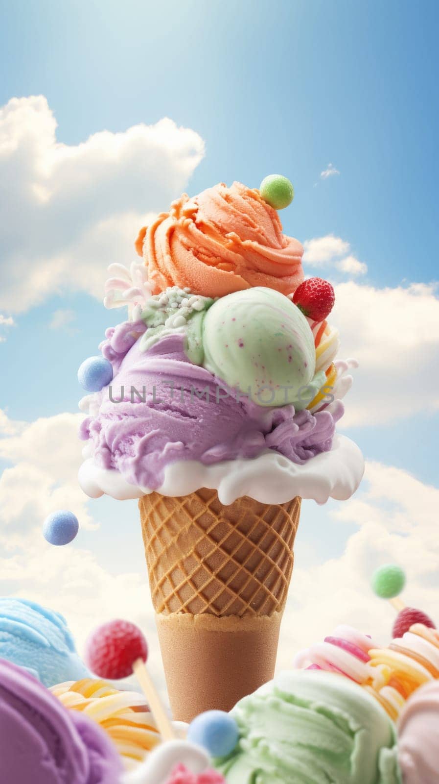 Pastel rainbow color ice cream cones on blue sunny sky background, copy space, AI Generated content
