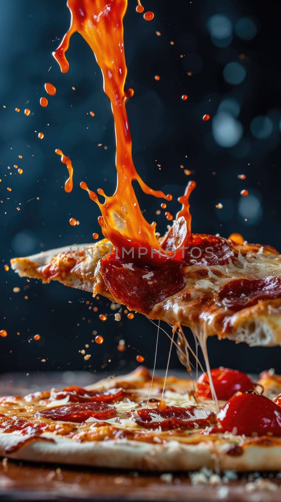 Dramatic capture of cheese pizza slice with toppings flying mid air explosion. AI Generated content
