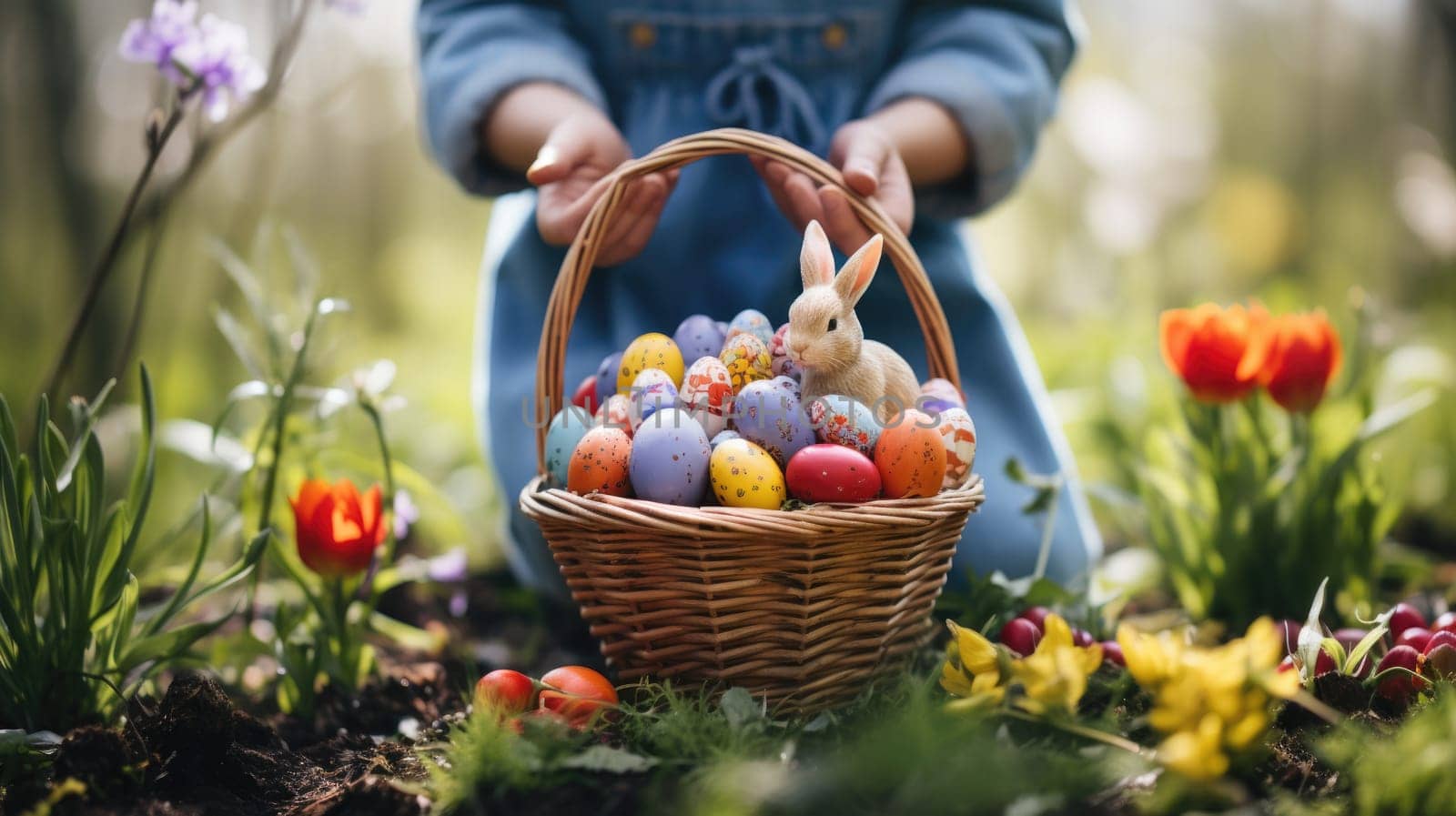 Child holding basket of colorful Easter eggs in sunny garden, eggs hunting, AI Generated conten