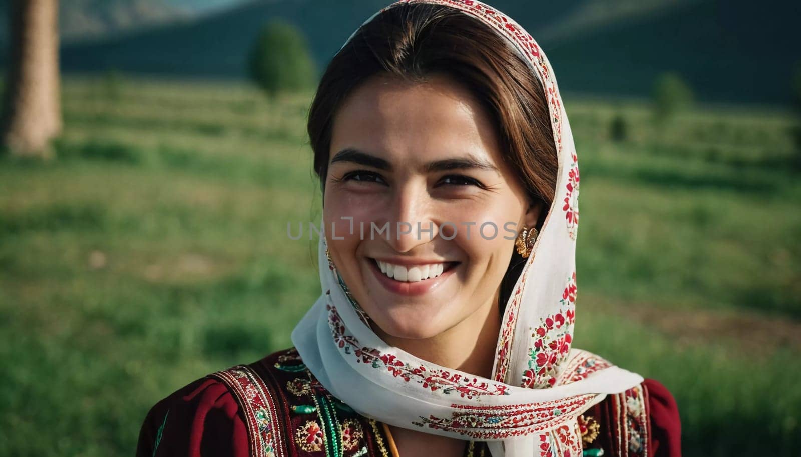 A Tajik woman 30 years old stands gracefully, showcasing her traditional attire against a breathtaking backdrop of mountains and lush green fields, reflecting her cultural roots. Generated by AI.