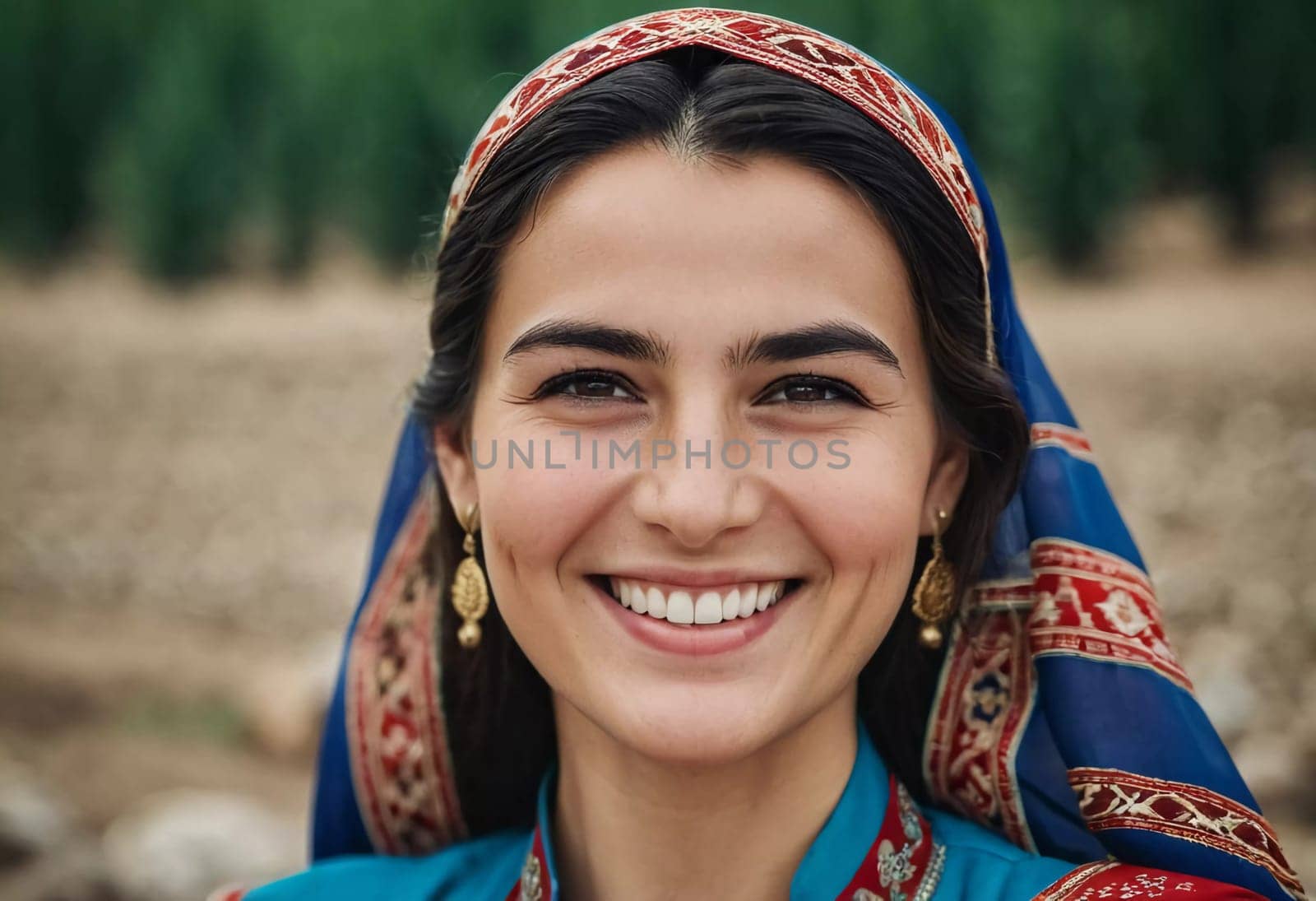 A Tajik woman 30 years old stands gracefully, showcasing her traditional attire against a breathtaking backdrop of defocused lush greenery, reflecting her cultural roots. Generated by AI.