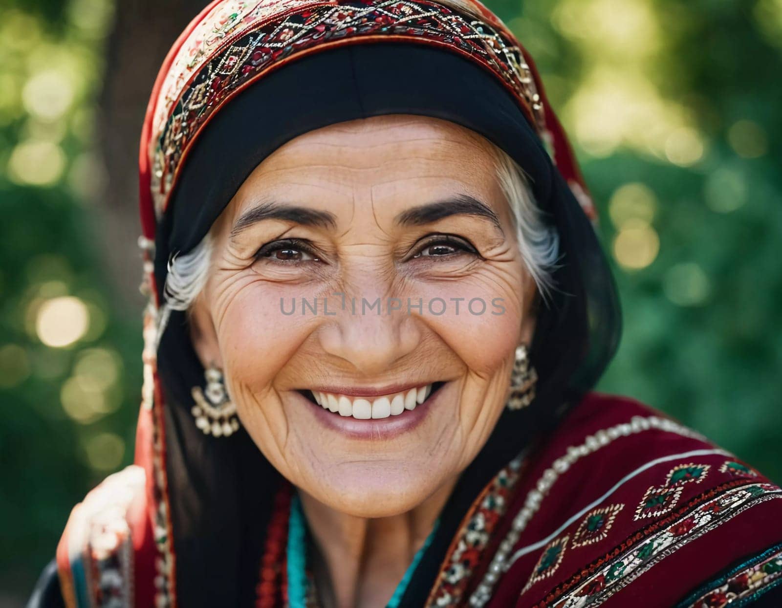 A mature Tajik woman 75 years old smiles showcasing intricate traditional attire and rich cultural heritage of her nationality, evoking wisdom and grace. Brunette woman, wearing a headscarf. AI.