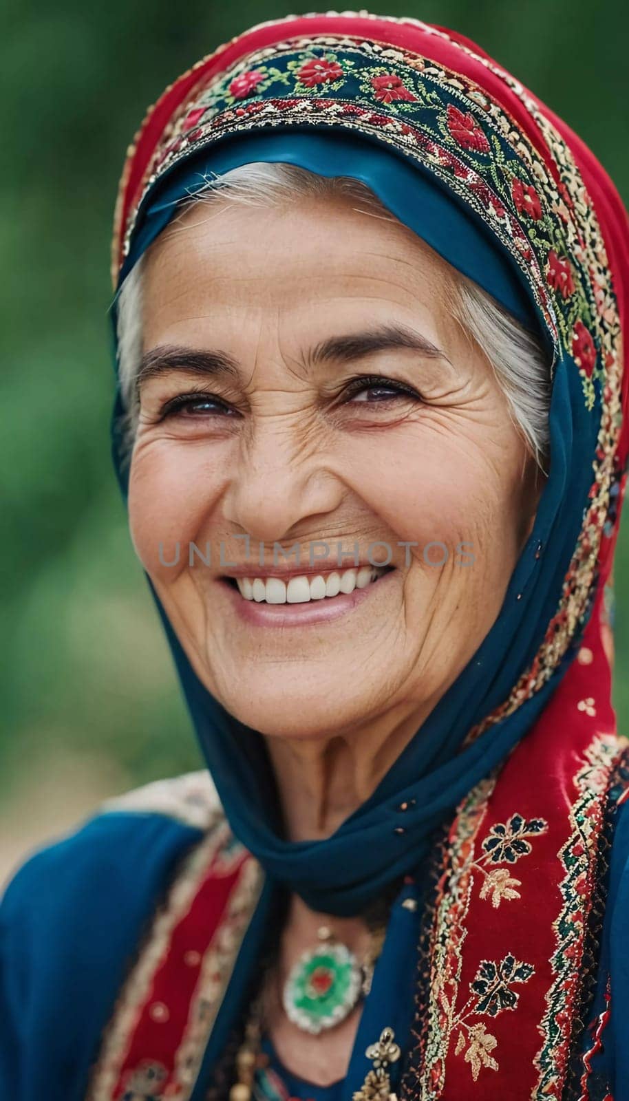 A mature Tajik woman 75 years old smiles showcasing intricate traditional attire and rich cultural heritage of her nationality, evoking wisdom and grace. Brunette woman, wearing a headscarf. AI.