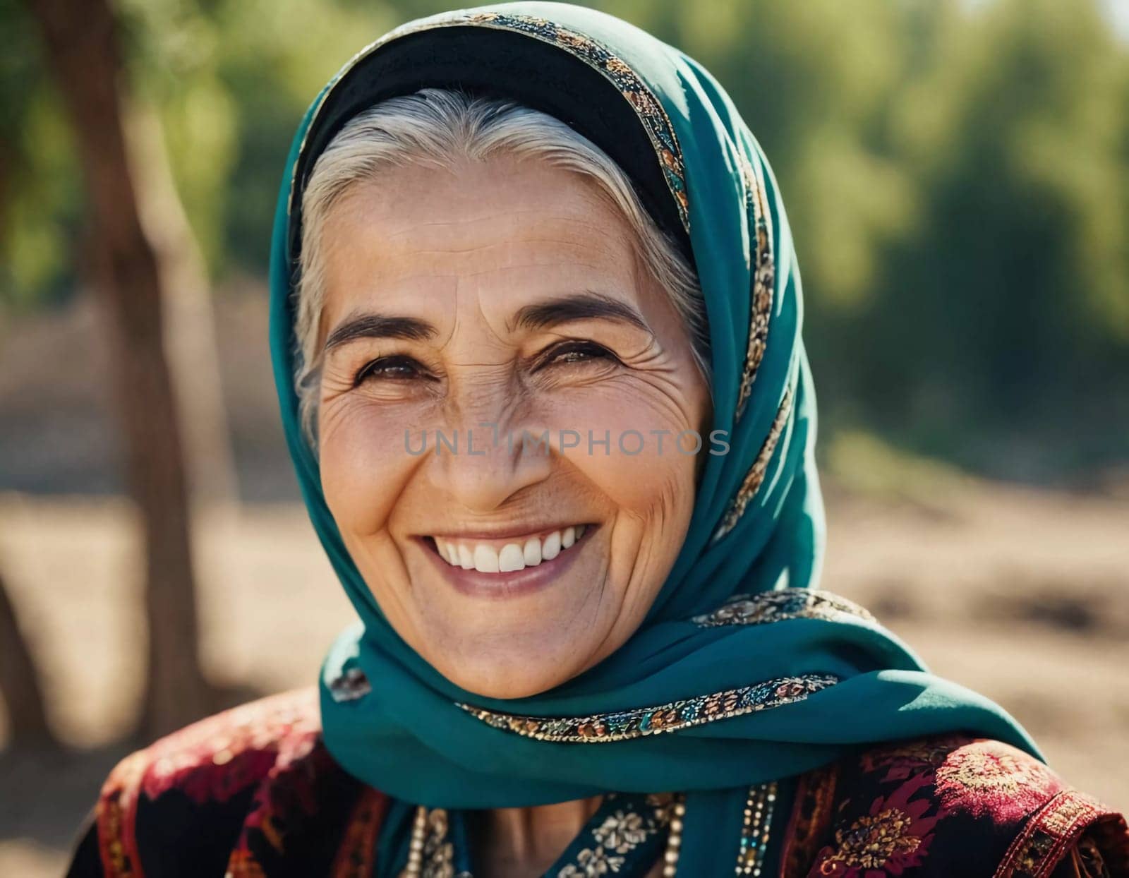 A mature Tajik woman 75 years old smiles showcasing intricate traditional attire and rich cultural heritage of her nationality, evoking wisdom and grace. Brunette woman, wearing a headscarf. AI.