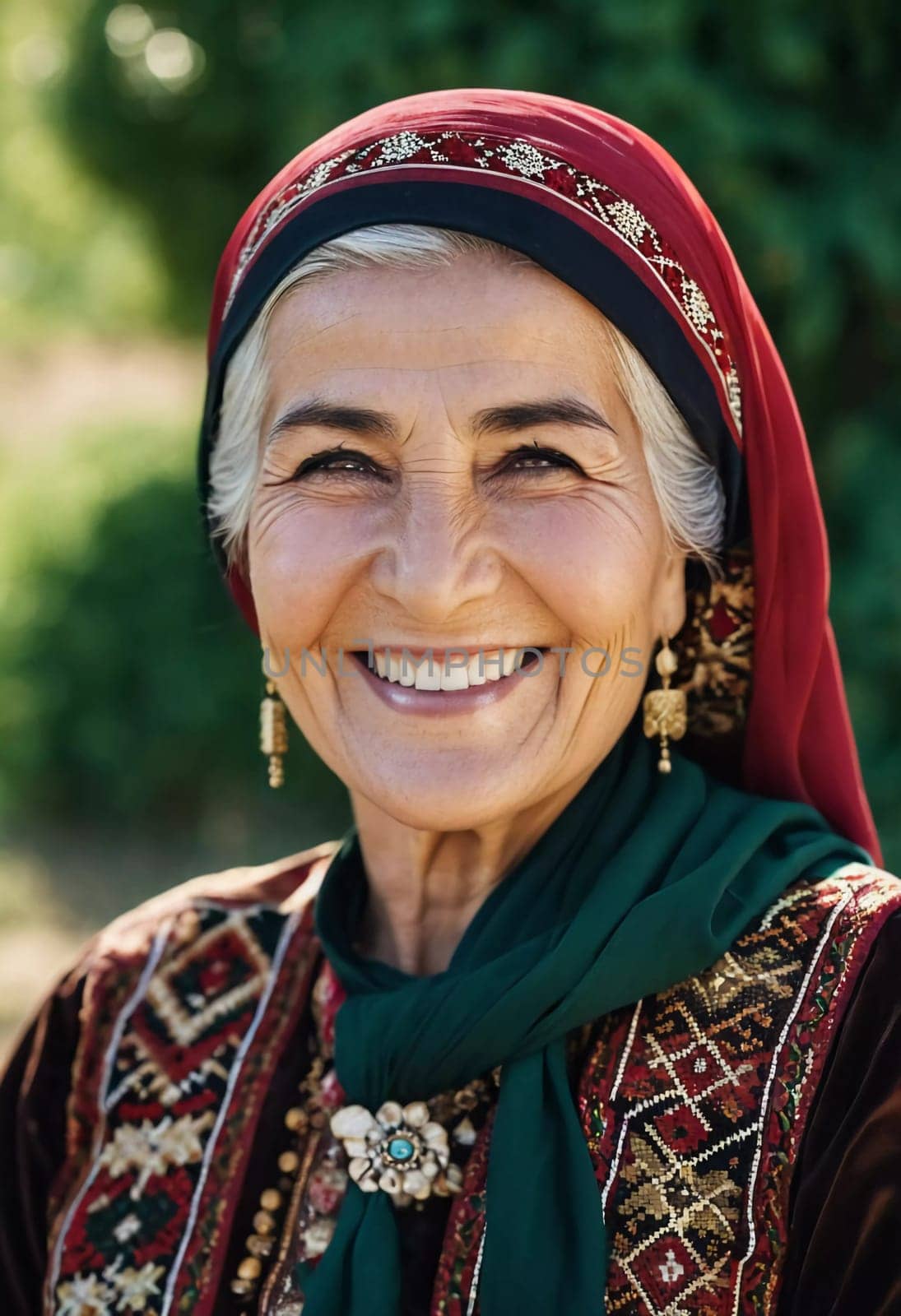 A mature Tajik woman 75 years old smiles showcasing intricate traditional attire and rich cultural heritage of her nationality, evoking wisdom and grace. Brunette woman, wearing a headscarf. AI.