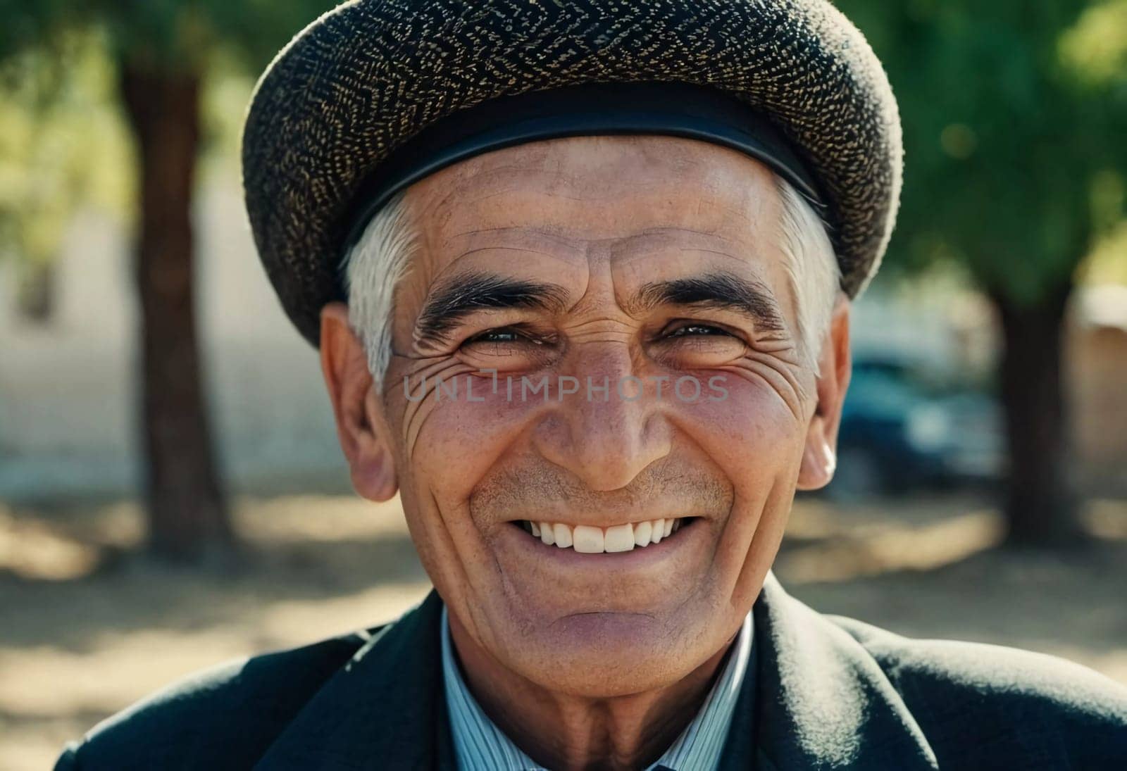 A joyful Tajik man 75 years old wearing traditional clothing stands outdoors with a broad smile against a natural backdrop on a sunny day. A resident of Tajikistan smiles. Generated by AI