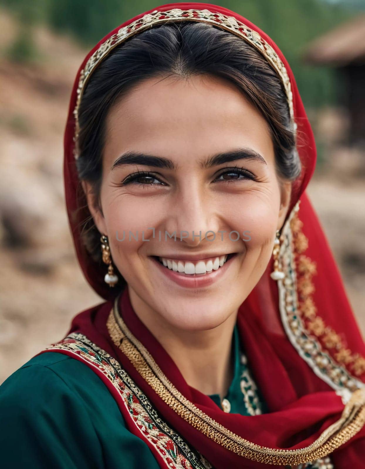 A Tajik woman 30 years old stands gracefully, showcasing her traditional attire against a breathtaking backdrop of defocused lush greenery, reflecting her cultural roots. Generated by AI.