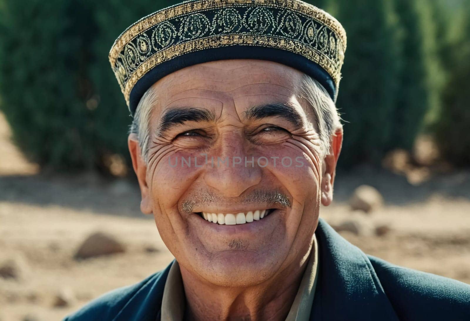 A joyful Tajik man 75 years old wearing traditional clothing stands outdoors with a broad smile against a natural backdrop on a sunny day. A resident of Tajikistan smiles. Generated by AI
