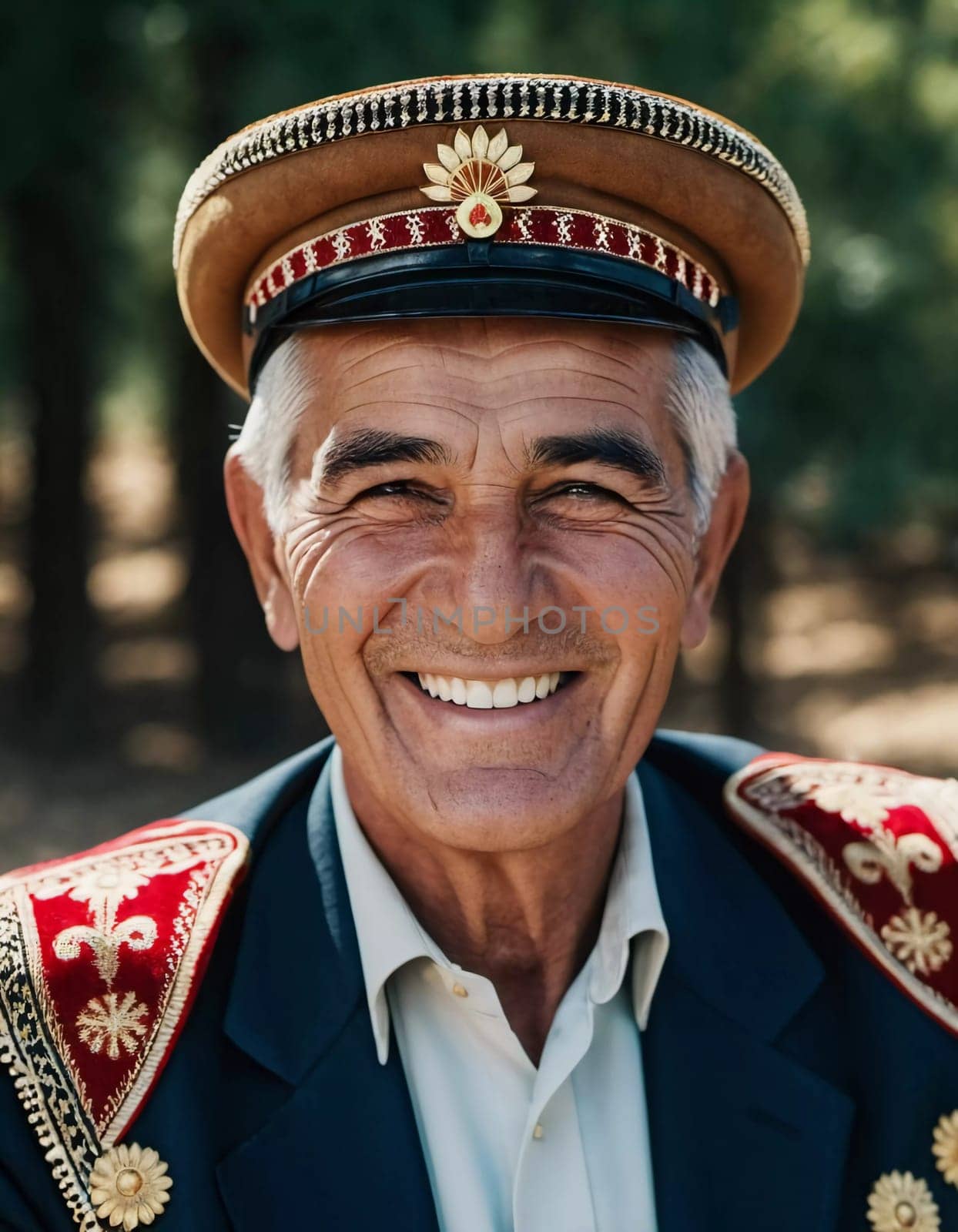 A joyful Tajik man 75 years old wearing traditional clothing stands outdoors with a broad smile against a natural backdrop on a sunny day. A resident of Tajikistan smiles. Generated by AI