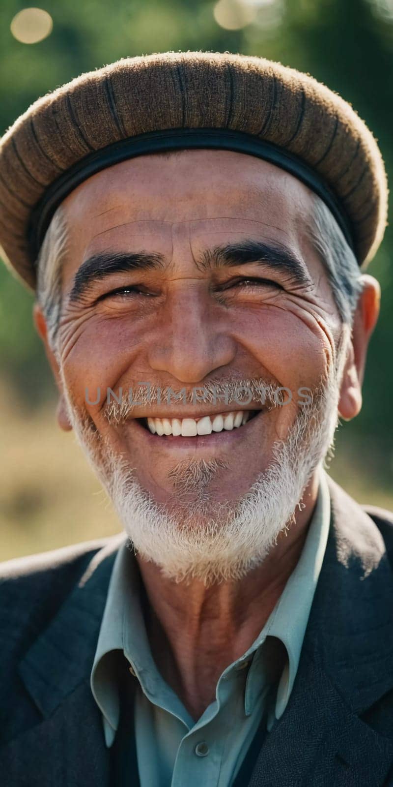 A joyful Tajik man 75 years old wearing traditional clothing stands outdoors with a broad smile against a natural backdrop on a sunny day. A resident of Tajikistan smiles. Generated by AI