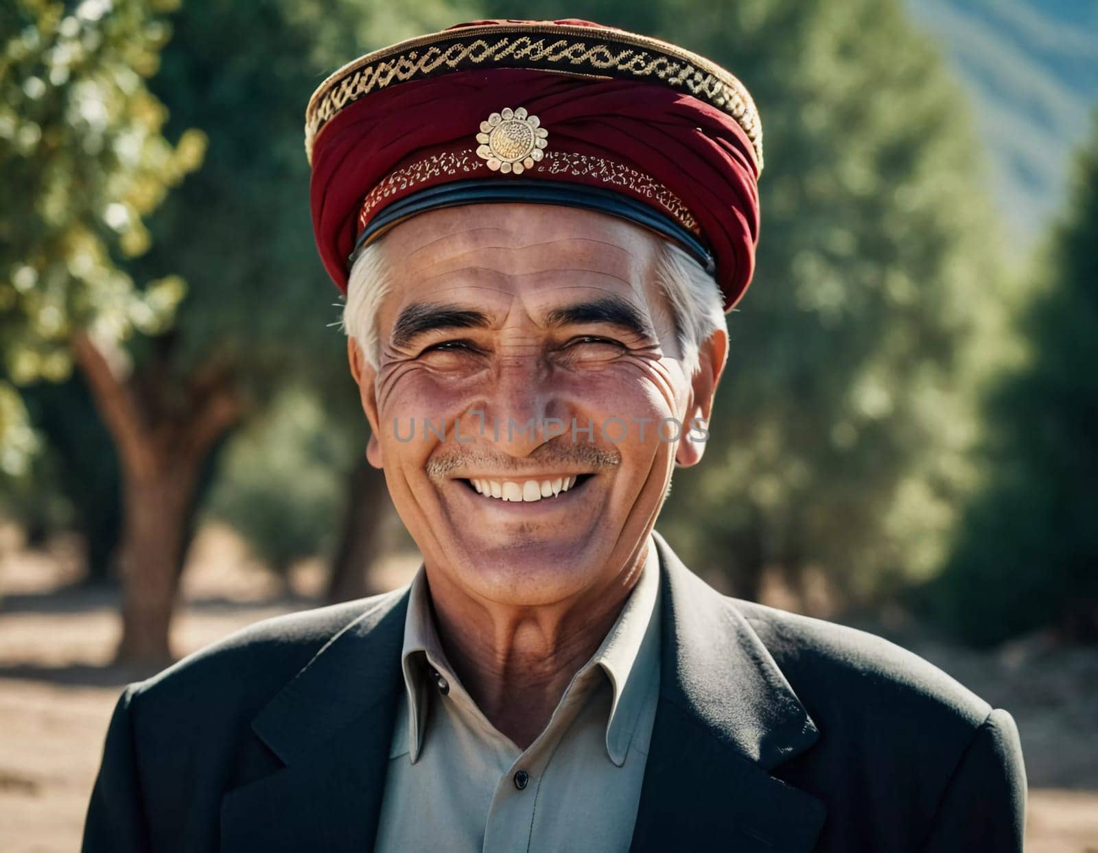 A joyful Tajik man 75 years old wearing traditional clothing stands outdoors with a broad smile against a natural backdrop on a sunny day. A resident of Tajikistan smiles. Generated by AI