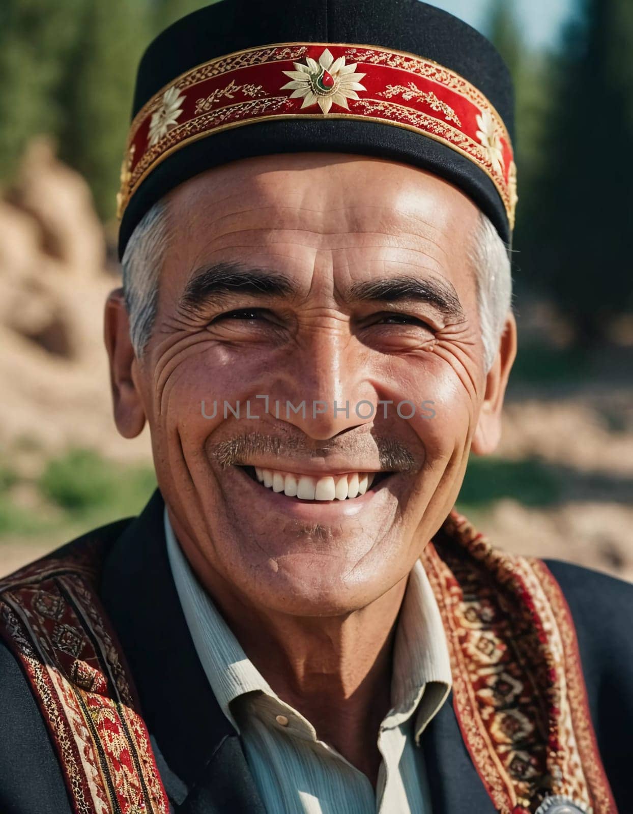 A joyful Tajik man 75 years old wearing traditional clothing stands outdoors with a broad smile against a natural backdrop on a sunny day. A resident of Tajikistan smiles. Generated by AI