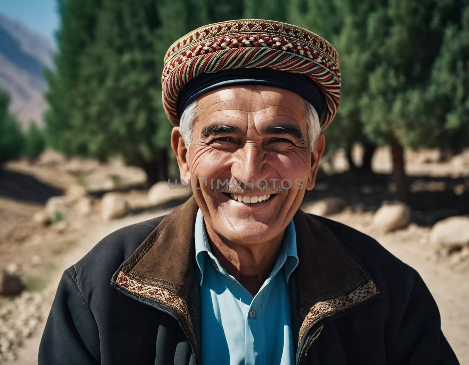 A joyful Tajik man 75 years old wearing traditional clothing stands outdoors with a broad smile against a natural backdrop on a sunny day. A resident of Tajikistan smiles. Generated by AI