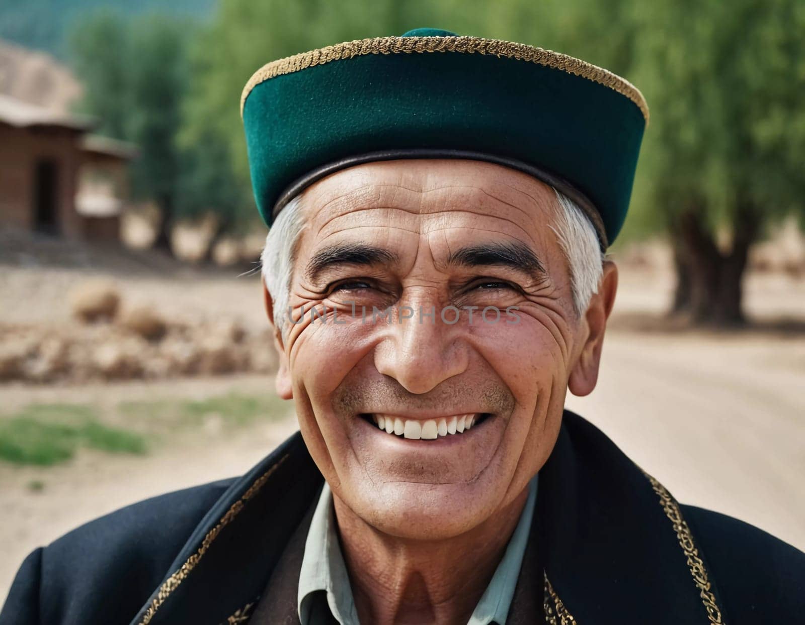 A joyful Tajik man 75 years old wearing traditional clothing stands outdoors with a broad smile against a natural backdrop on a sunny day. A resident of Tajikistan smiles. Generated by AI