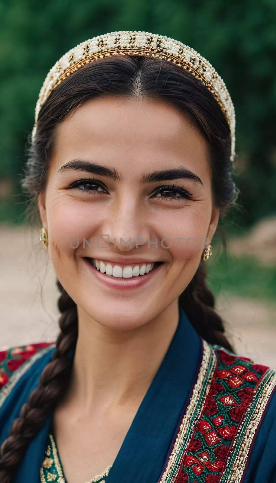 A Tajik woman 30 years old stands gracefully, showcasing her traditional attire against a breathtaking backdrop of defocused lush greenery, reflecting her cultural roots. Generated by AI.