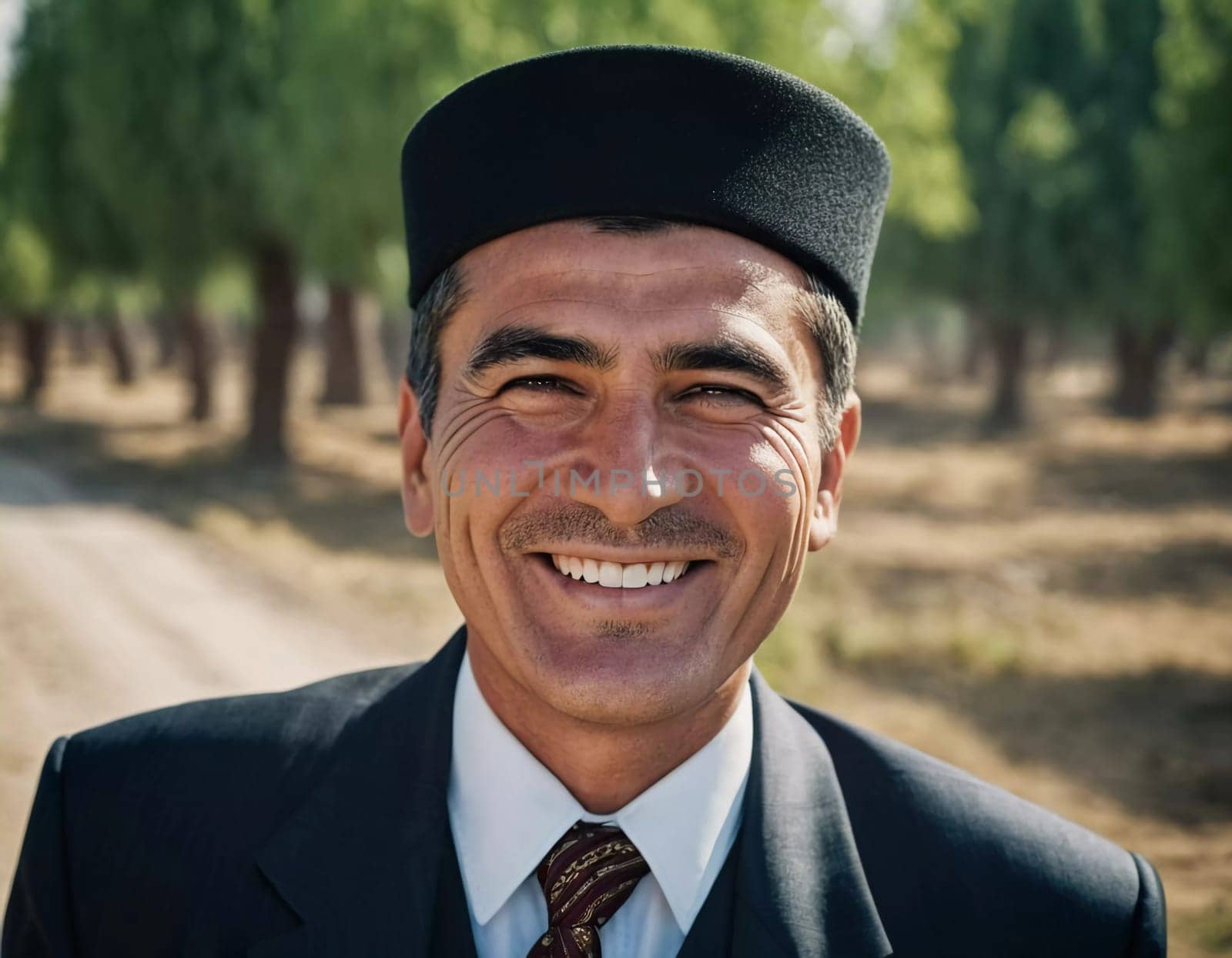 A joyful Tajik man 45 years old dressed in traditional clothing beams with a bright smile against a stunning backdrop, exuding warmth and happiness. A resident of Tajikistan. Generated by AI.
