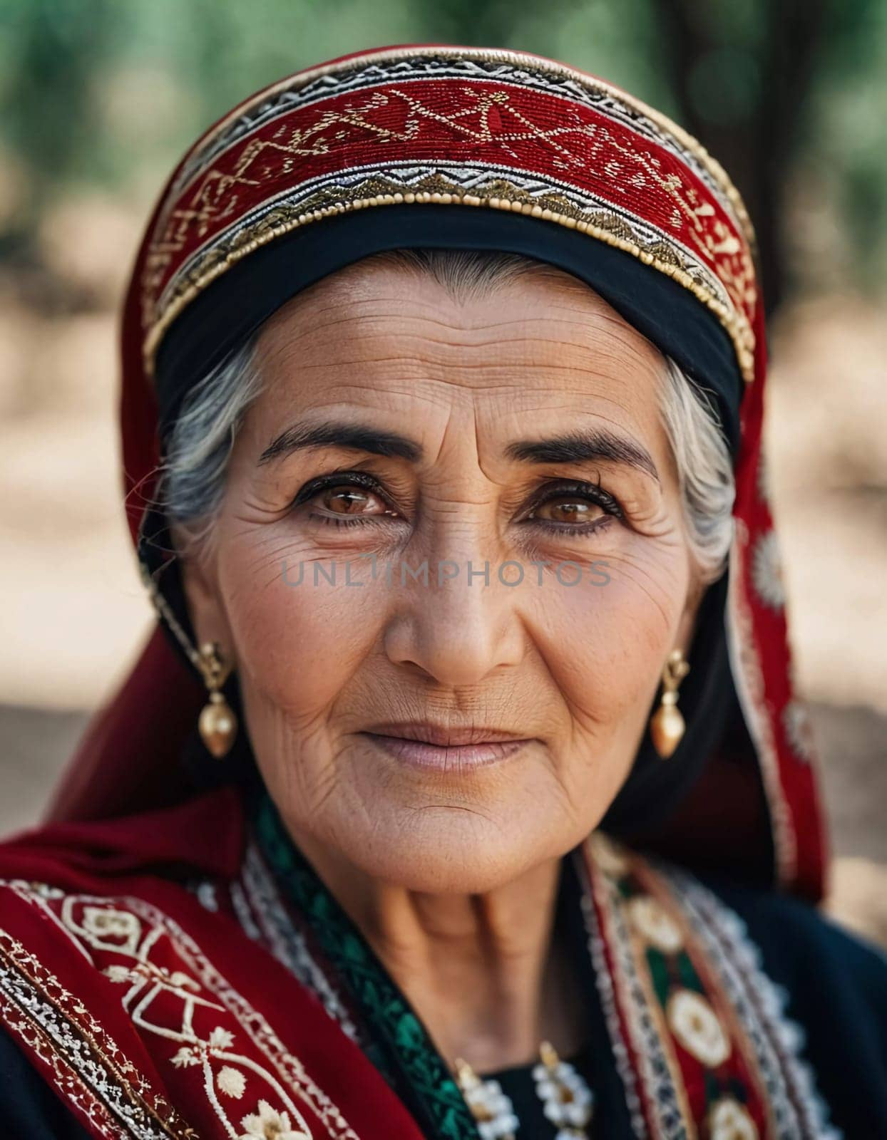 A mature Tajik woman 75 years old, gazes directly showcasing intricate traditional attire, rich cultural heritage of her nationality, evoking wisdom and grace. Brunette woman, wearing a headscarf. AI