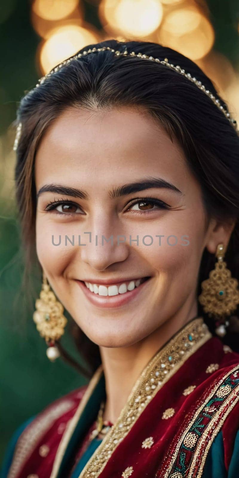 A Tajik woman 30 years old stands gracefully, showcasing her traditional attire against a breathtaking backdrop of defocused lush greenery, reflecting her cultural roots. Generated by AI.