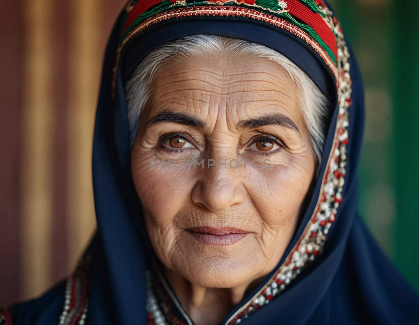 A mature Tajik woman 75 years old, gazes directly showcasing intricate traditional attire, rich cultural heritage of her nationality, evoking wisdom and grace. Brunette woman, wearing a headscarf. AI