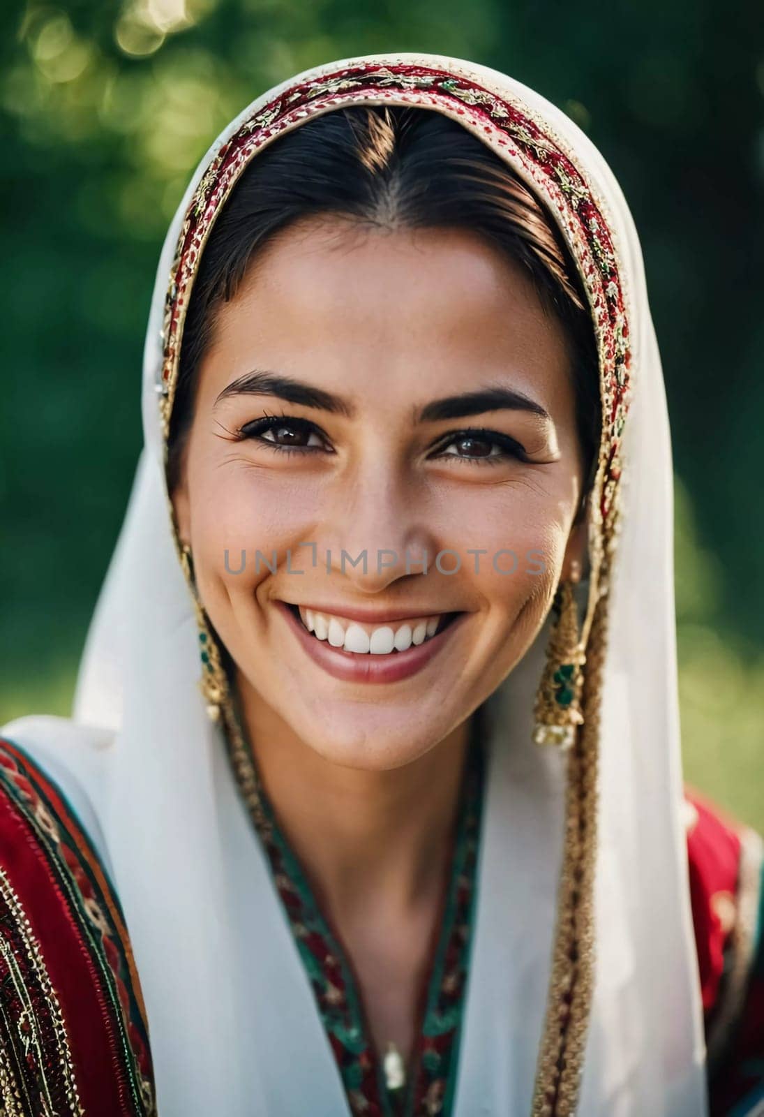 A Tajik woman 30 years old stands gracefully, showcasing her traditional attire against a breathtaking backdrop of defocused lush greenery, reflecting her cultural roots. Generated by AI.