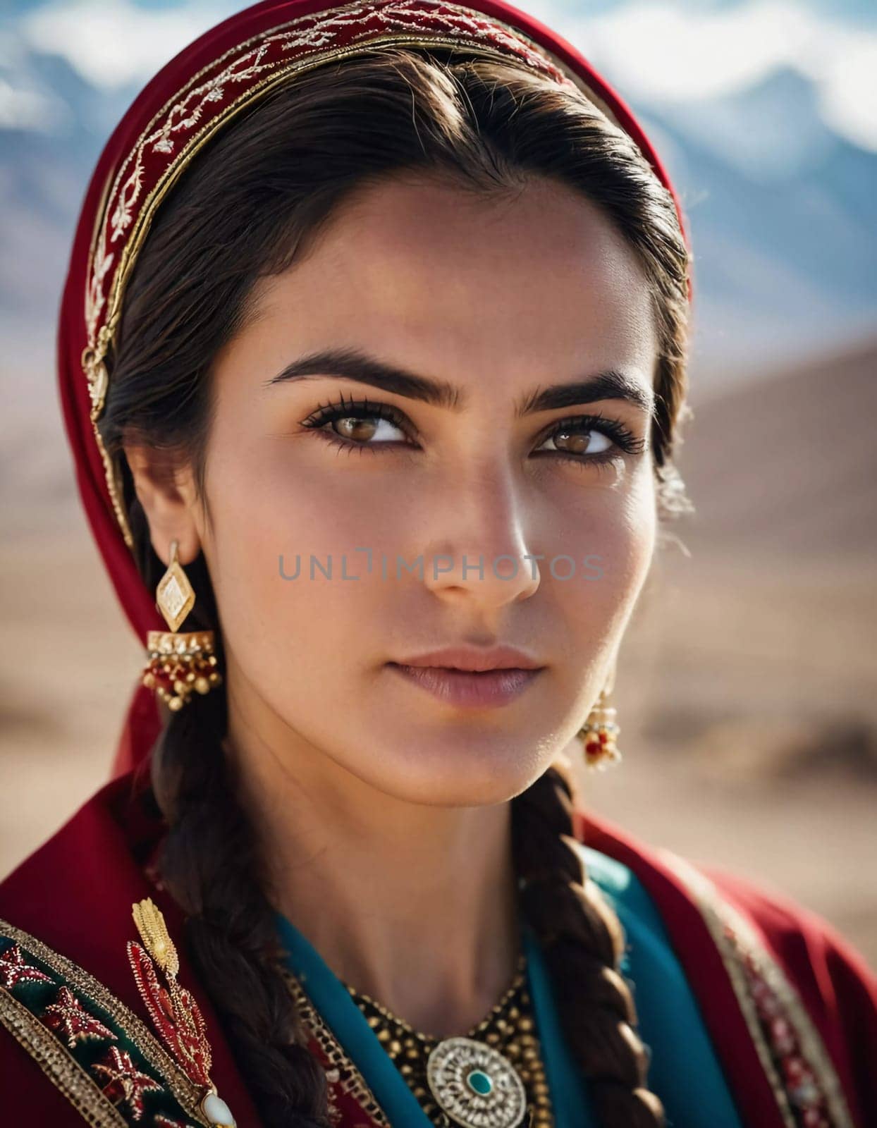 A Tajik woman 30 years old stands gracefully, showcasing her traditional attire against a breathtaking backdrop of mountains and lush green fields, reflecting her cultural roots. Generated by AI.