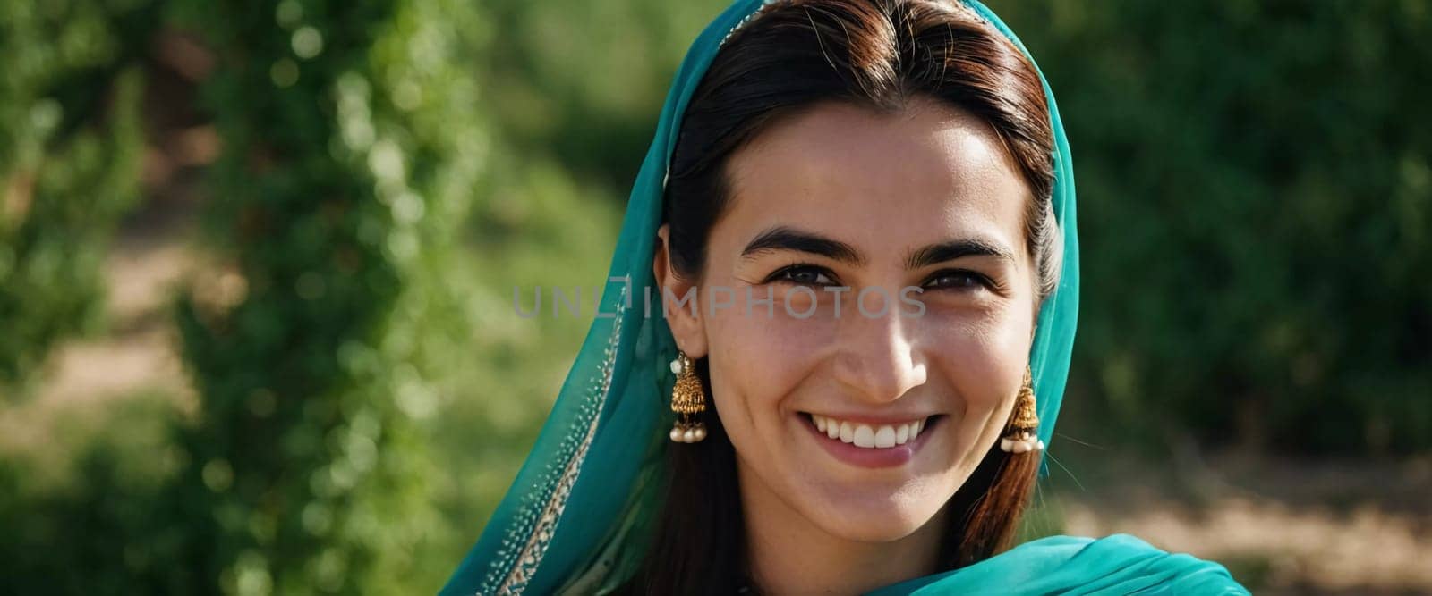 A Tajik woman 30 years old stands gracefully, showcasing her traditional attire against a breathtaking backdrop of defocused lush greenery, reflecting her cultural roots. Generated by AI.
