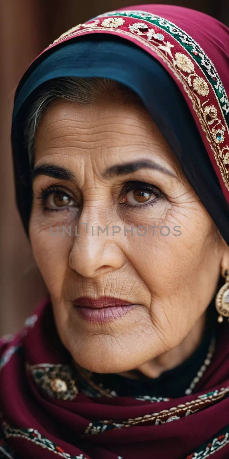 A mature Tajik woman 75 years old, gazes directly showcasing intricate traditional attire, rich cultural heritage of her nationality, evoking wisdom and grace. Brunette woman, wearing a headscarf. AI