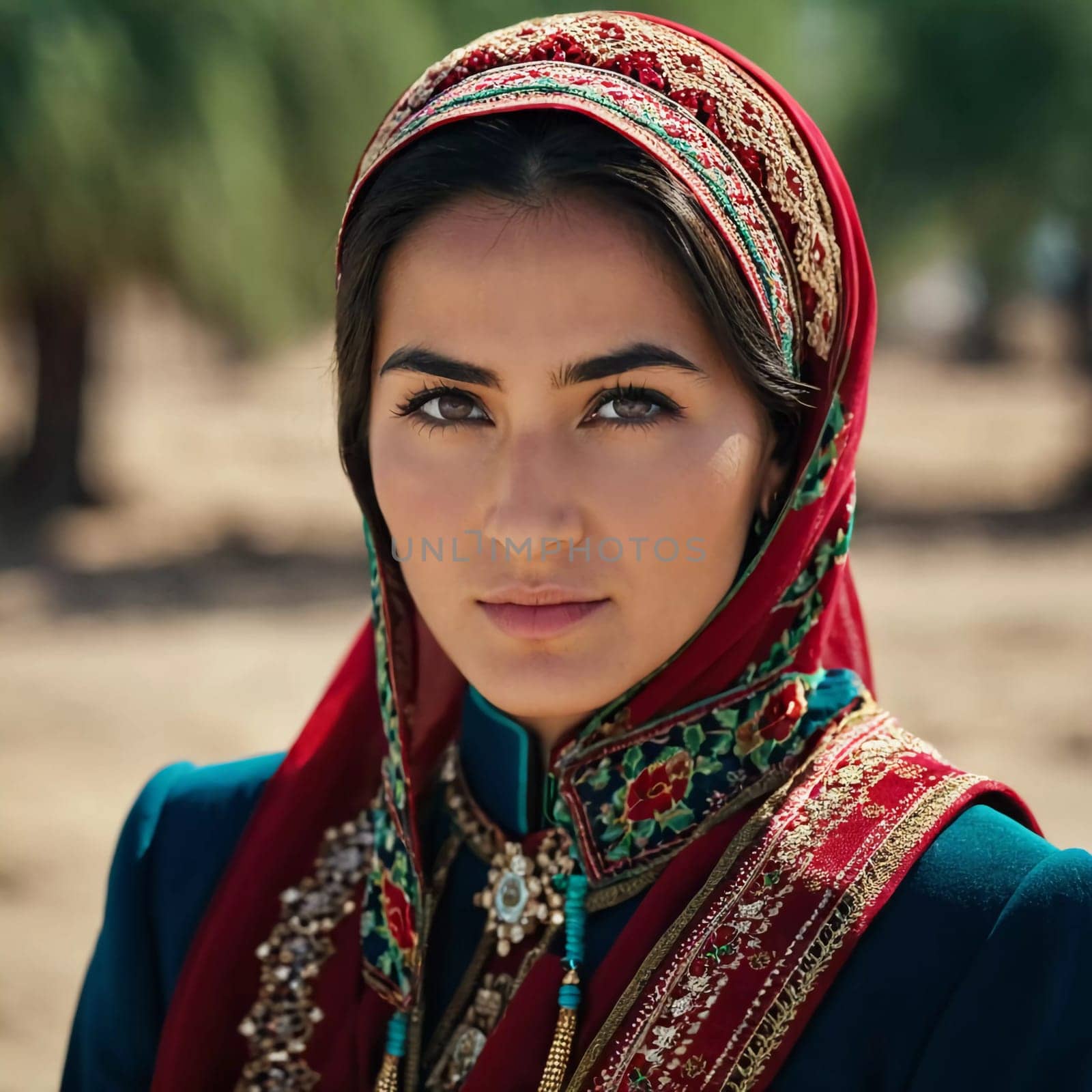 A Tajik woman 30 years old stands gracefully, showcasing her traditional attire against a breathtaking backdrop of mountains and lush green fields, reflecting her cultural roots. Generated by AI.