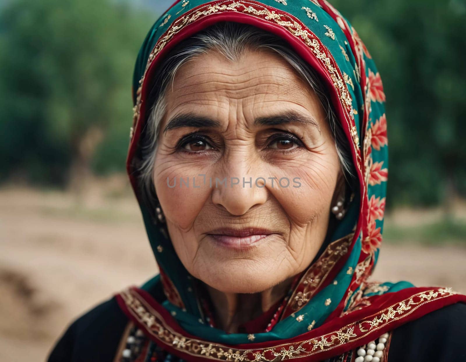 A mature Tajik woman 75 years old, gazes directly showcasing intricate traditional attire, rich cultural heritage of her nationality, evoking wisdom and grace. Brunette woman, wearing a headscarf. AI