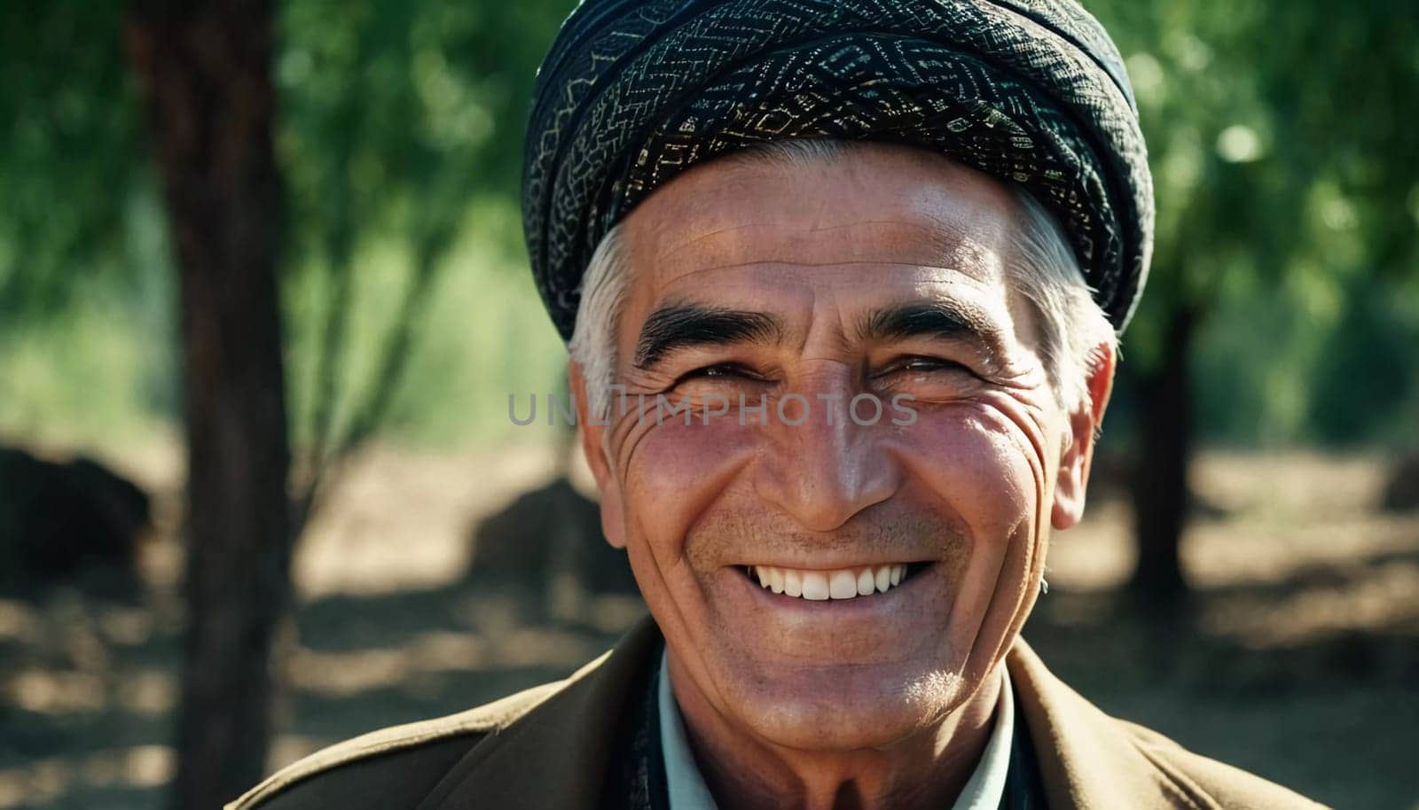 A joyful Tajik man 75 years old wearing traditional clothing stands outdoors with a broad smile against a natural backdrop on a sunny day. A resident of Tajikistan smiles. Generated by AI