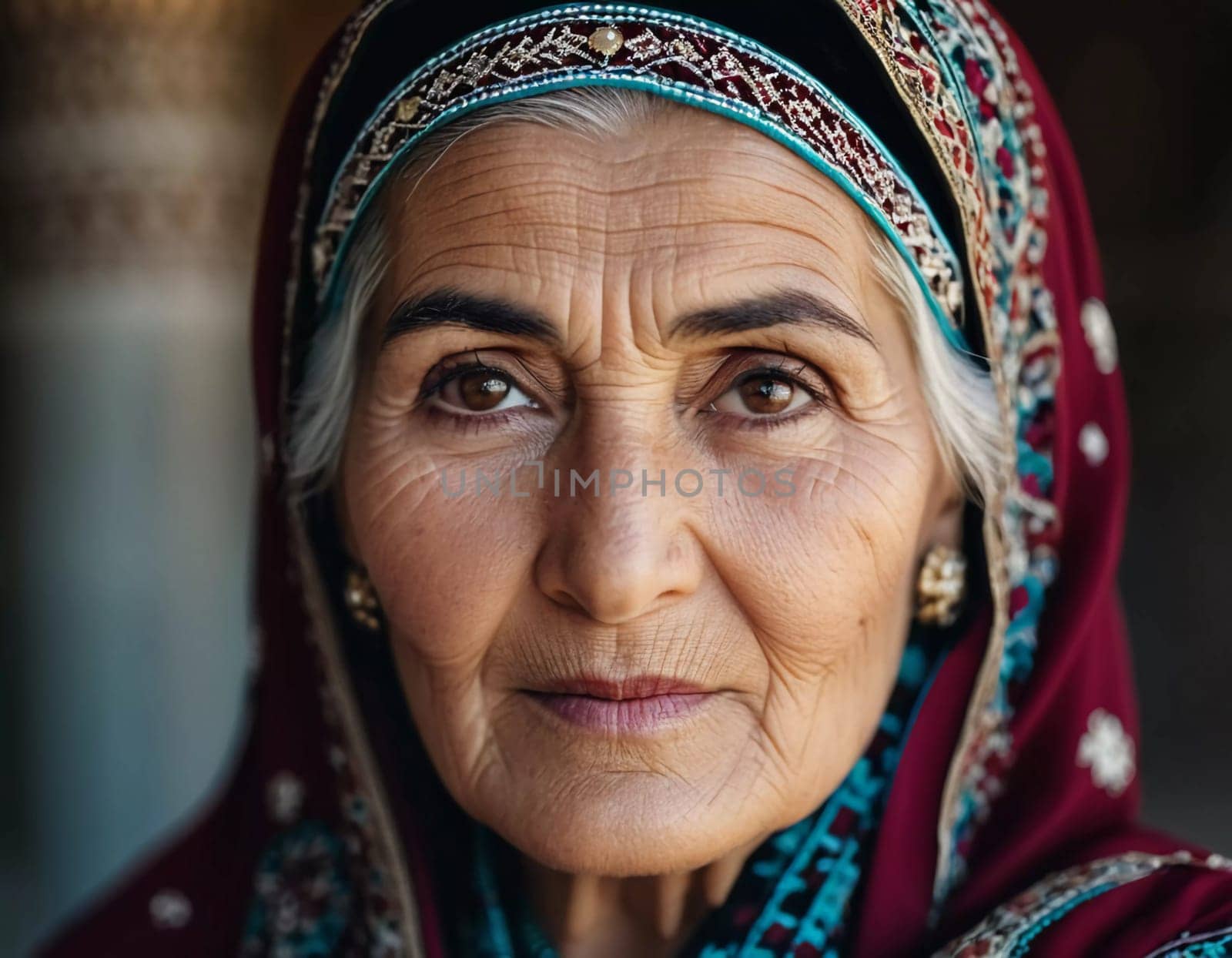 A mature Tajik woman 75 years old, gazes directly showcasing intricate traditional attire, rich cultural heritage of her nationality, evoking wisdom and grace. Brunette woman, wearing a headscarf. AI