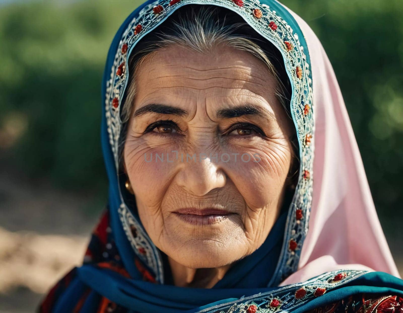 A mature Tajik woman 75 years old, gazes directly showcasing intricate traditional attire, rich cultural heritage of her nationality, evoking wisdom and grace. Brunette woman, wearing a headscarf. AI
