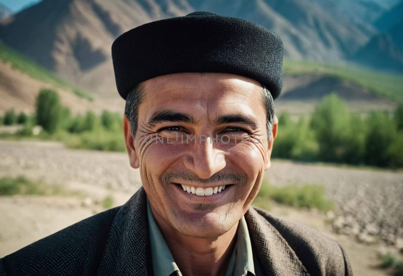 A joyful Tajik man 45 years old dressed in traditional clothing beams with a bright smile against a stunning backdrop, exuding warmth and happiness. A resident of Tajikistan. Generated by AI.