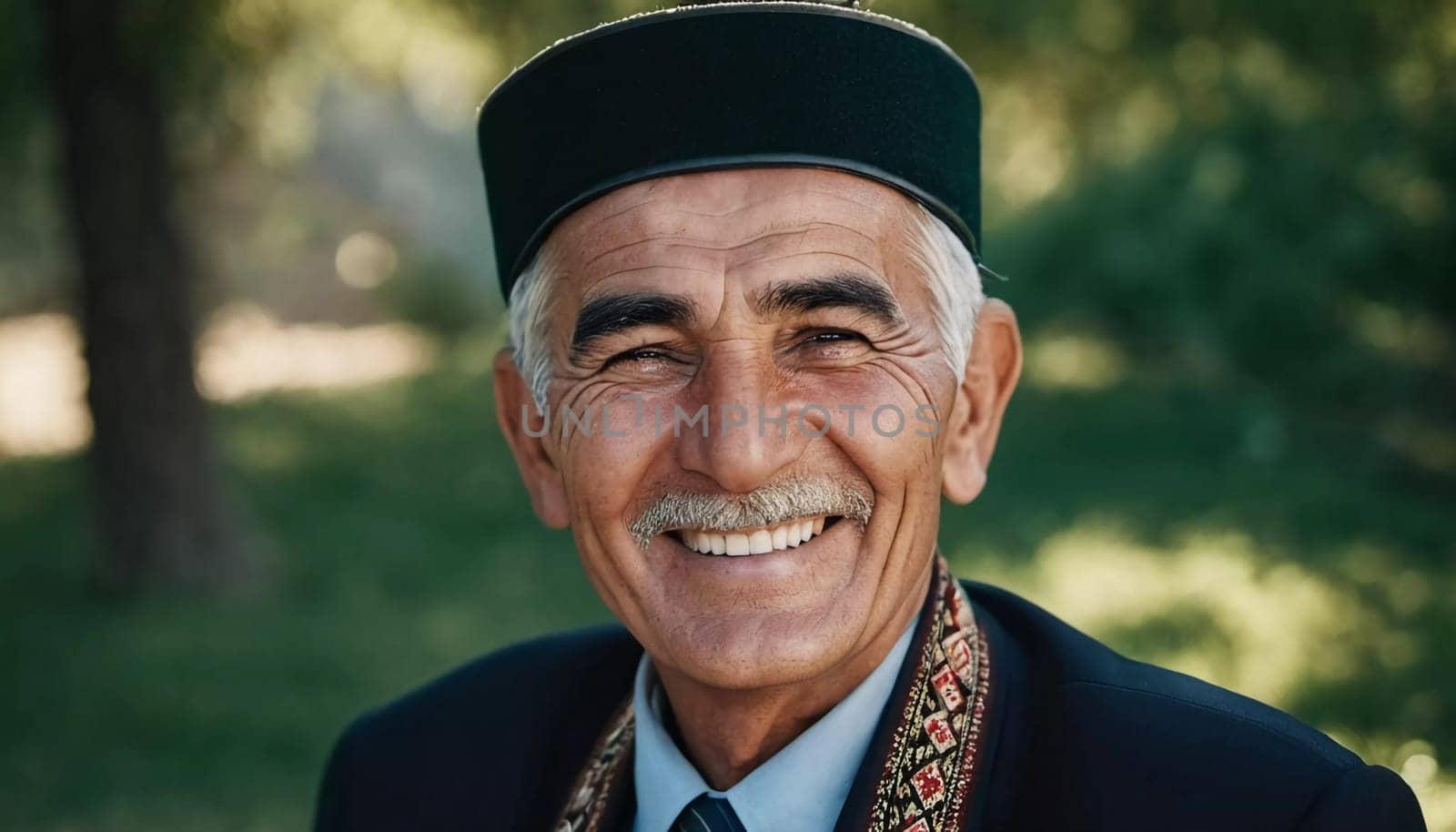 A joyful Tajik man 75 years old wearing traditional clothing stands outdoors with a broad smile against a natural backdrop on a sunny day. A resident of Tajikistan smiles. Generated by AI