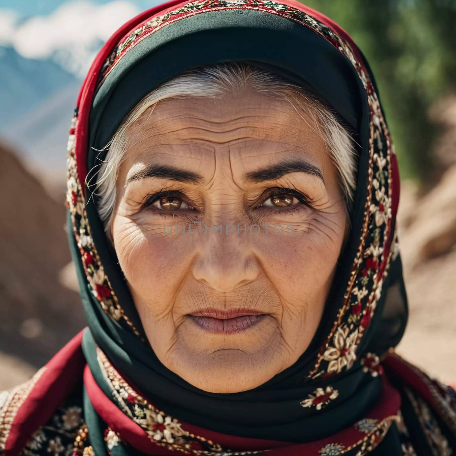 A mature Tajik woman 75 years old, gazes directly showcasing intricate traditional attire, rich cultural heritage of her nationality, evoking wisdom and grace. Brunette woman, wearing a headscarf. AI