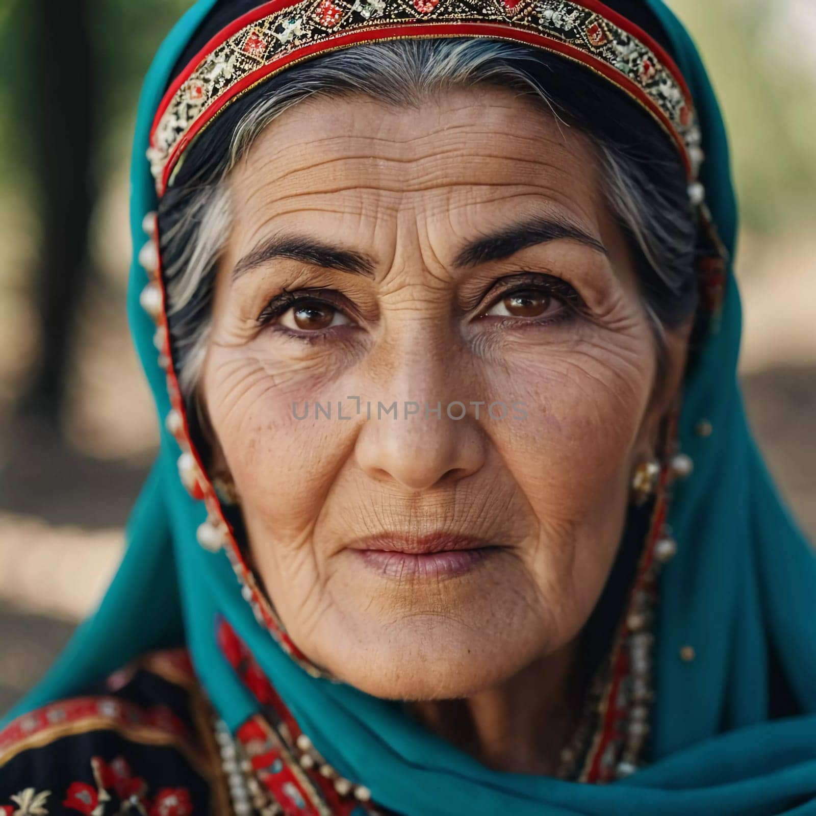 A mature Tajik woman 75 years old, gazes directly showcasing intricate traditional attire, rich cultural heritage of her nationality, evoking wisdom and grace. Brunette woman, wearing a headscarf. AI