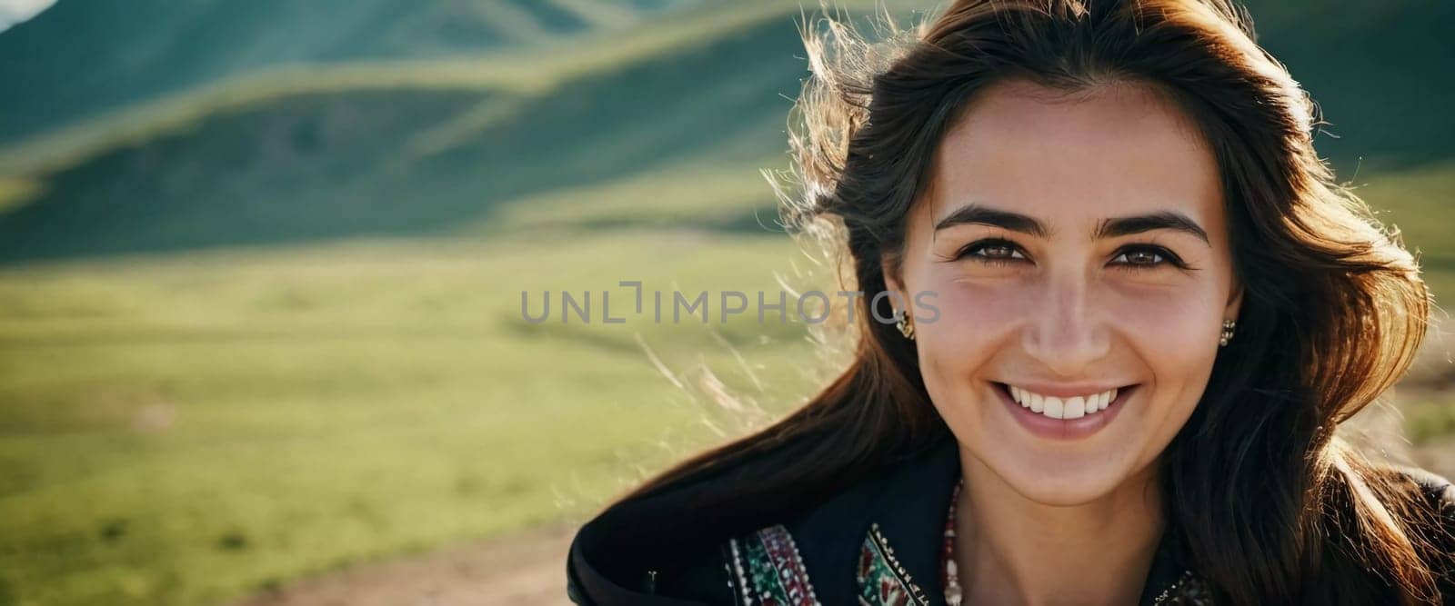 A Tajik woman 30 years old stands gracefully, showcasing her traditional attire against a breathtaking backdrop of mountains and lush green fields, reflecting her cultural roots. Generated by AI.