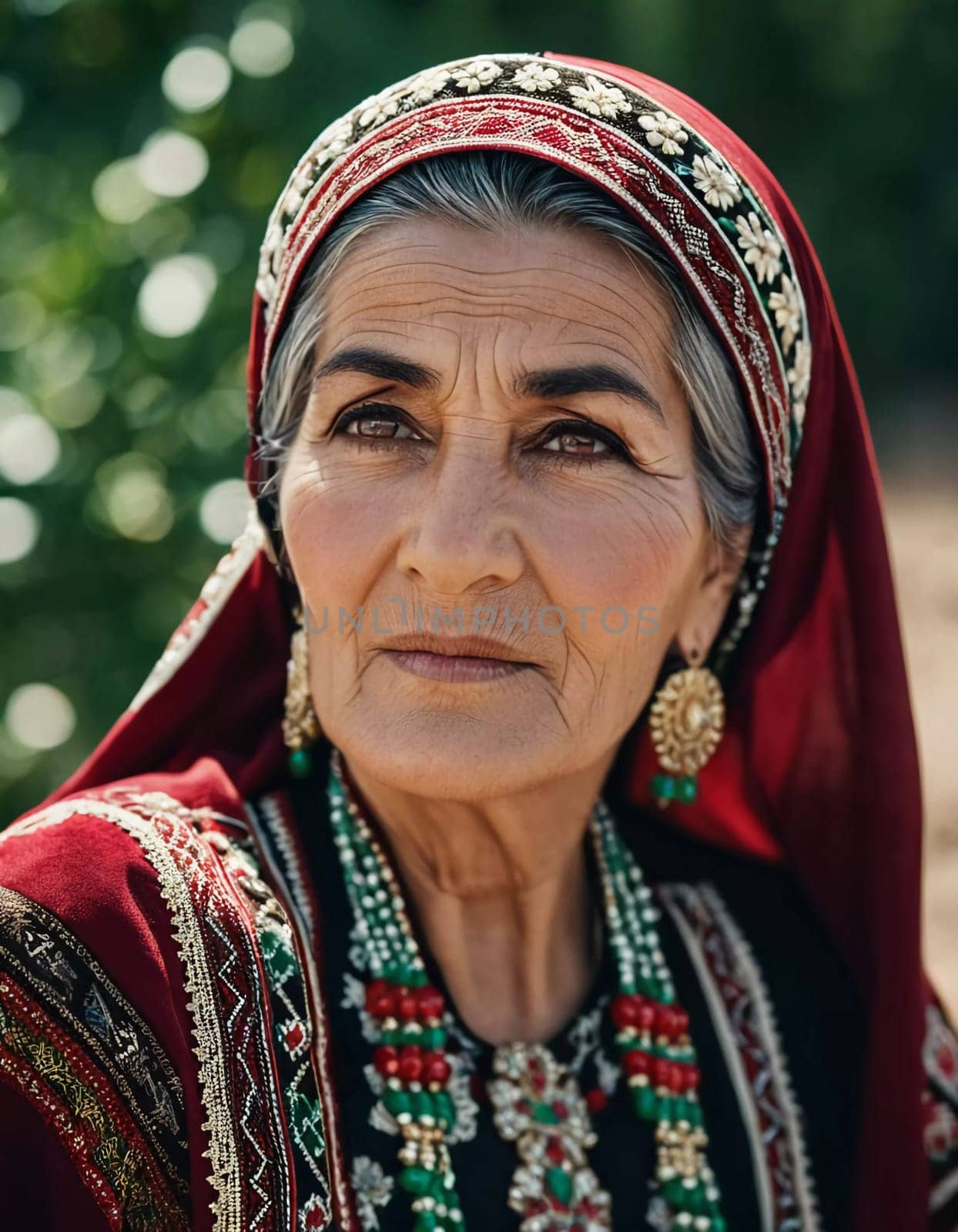 A mature Tajik woman 75 years old, gazes directly showcasing intricate traditional attire, rich cultural heritage of her nationality, evoking wisdom and grace. Brunette woman, wearing a headscarf. AI