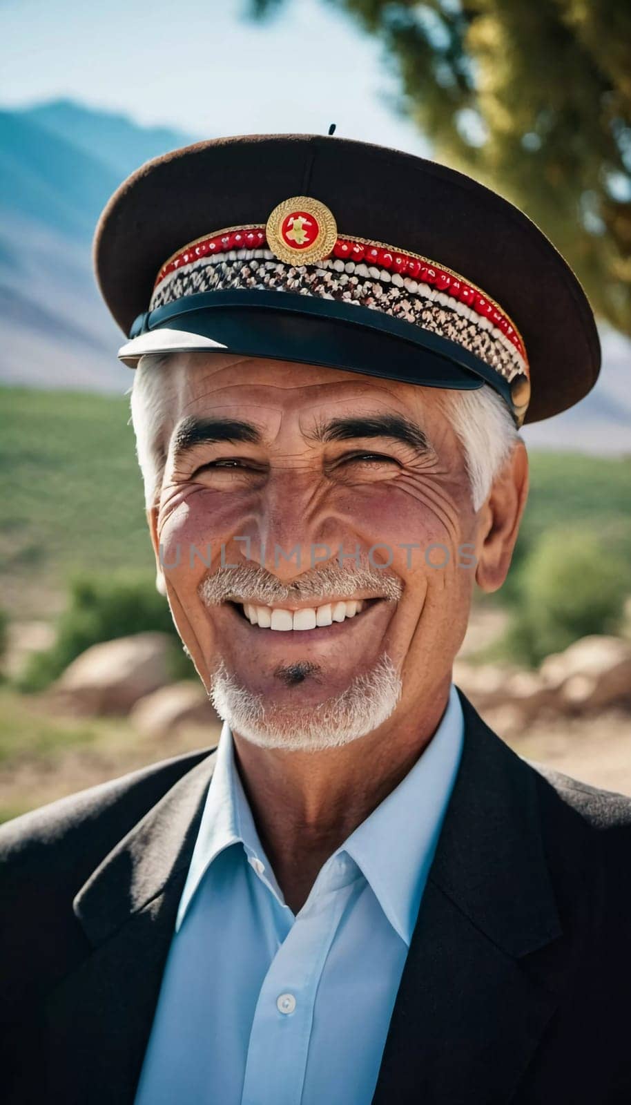A joyful Tajik man 75 years old wearing traditional clothing stands outdoors with a broad smile against a natural backdrop on a sunny day. A resident of Tajikistan smiles. Generated by AI
