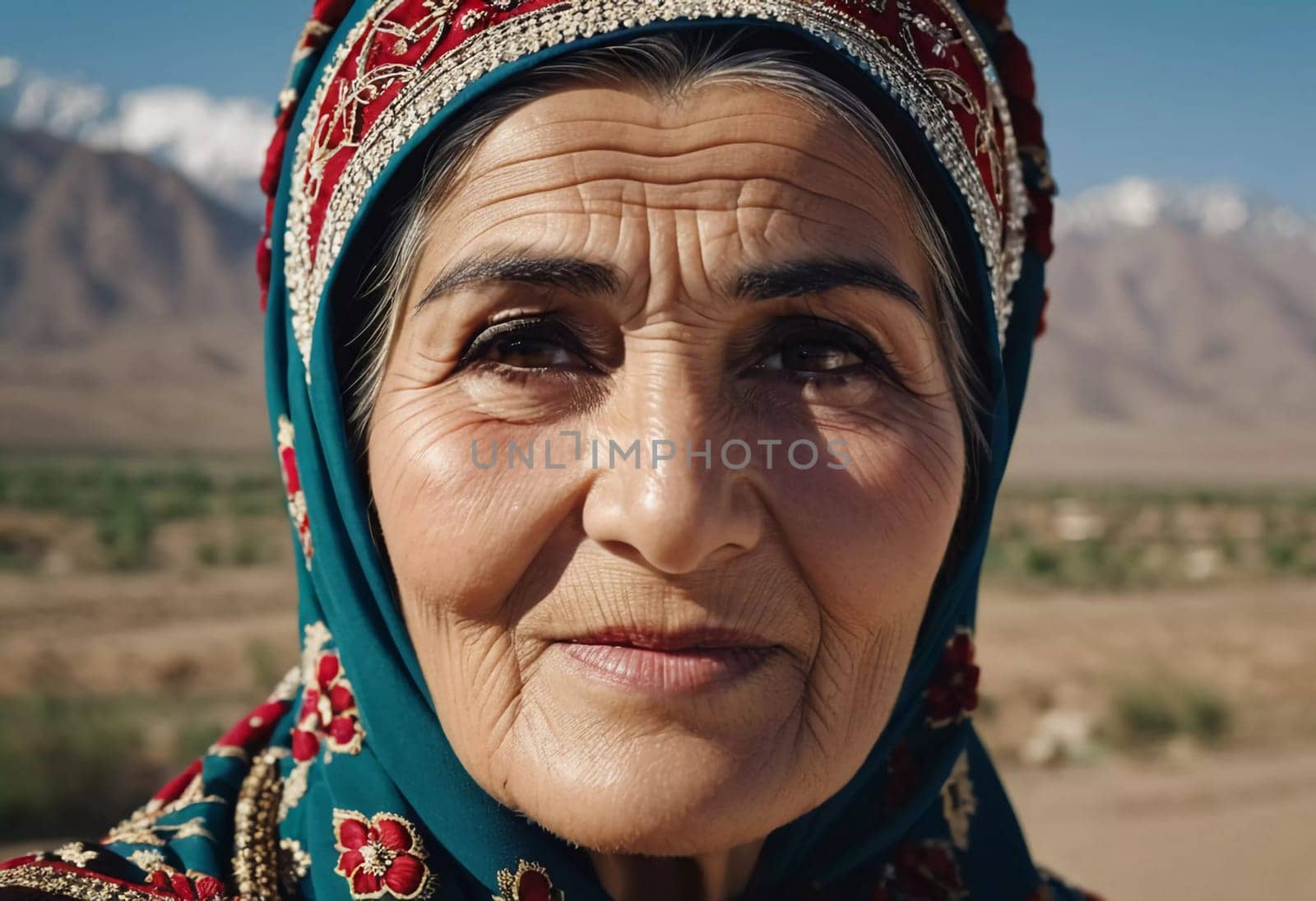 A mature Tajik woman 75 years old, gazes directly showcasing intricate traditional attire, rich cultural heritage of her nationality, evoking wisdom and grace. Brunette woman, wearing a headscarf. AI