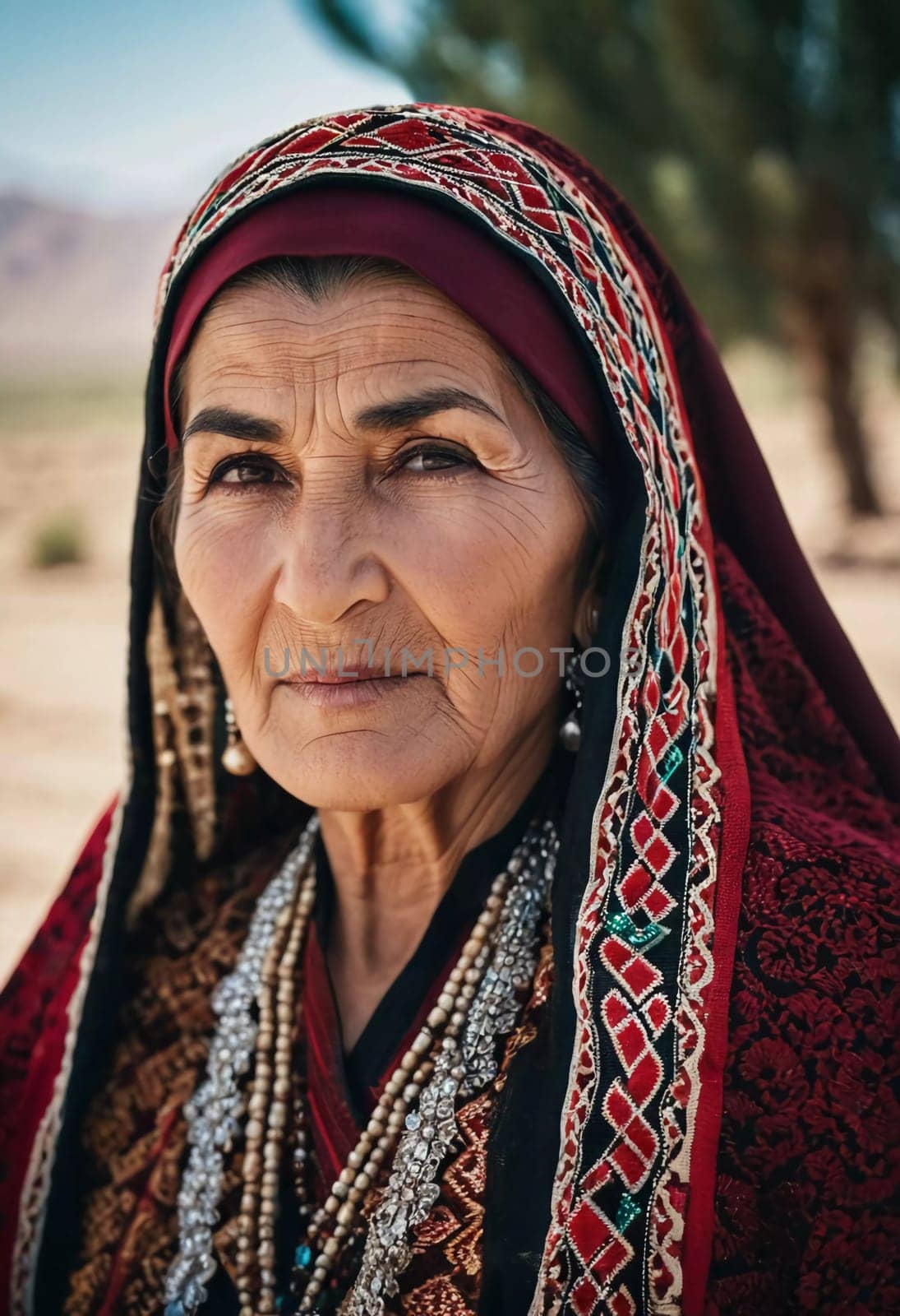 A mature Tajik woman 75 years old, gazes directly showcasing intricate traditional attire, rich cultural heritage of her nationality, evoking wisdom and grace. Brunette woman, wearing a headscarf. AI